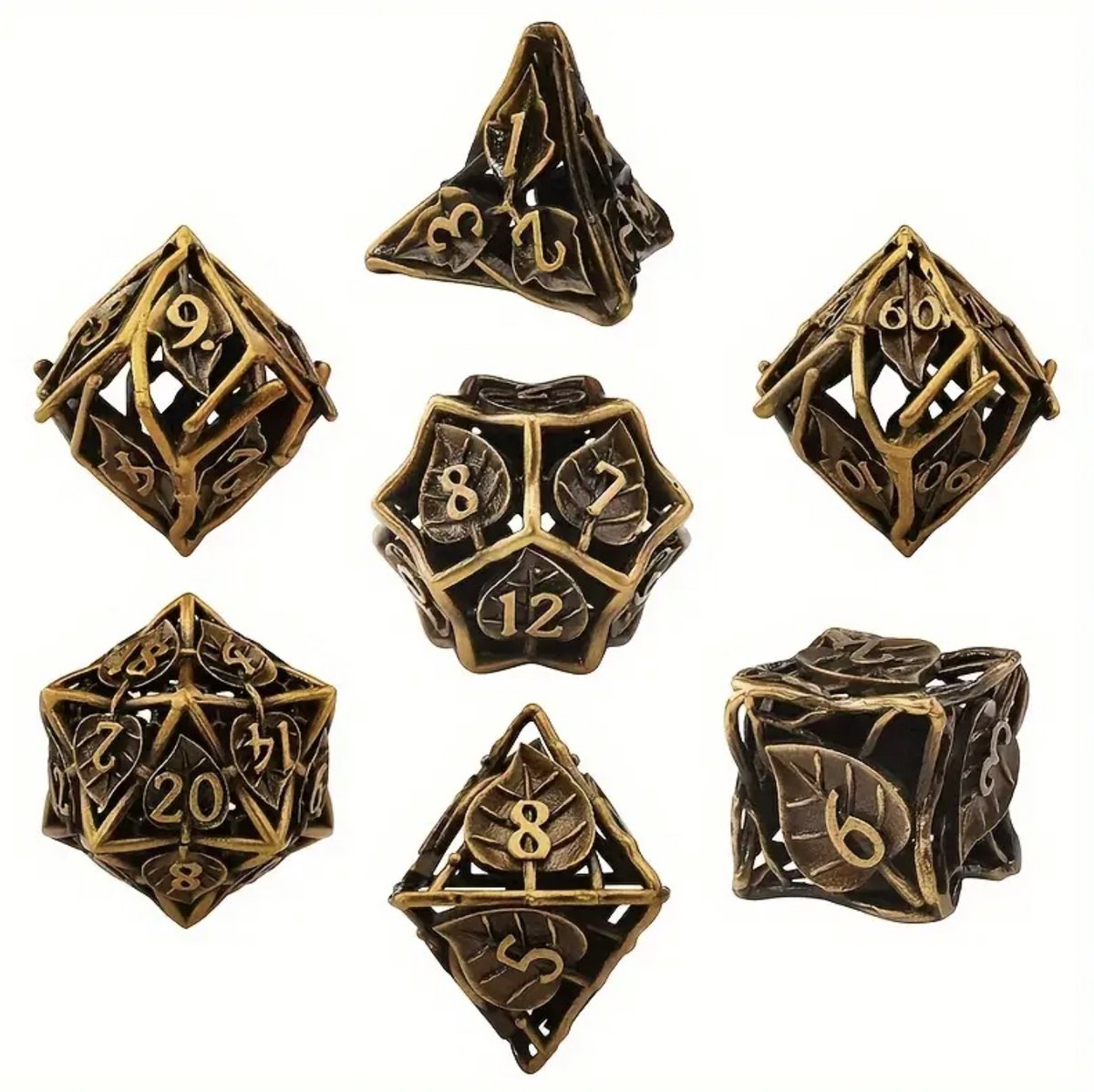 Joya Dice® Dungeons and Dragons Dobbelsteen set | Polydice DnD Dobbelstenen Set | D&D Dice set | Metal dice 7 stuks set | Incl Luxe Opbergdoos | Metalen Dobbelstenen met Bladeren